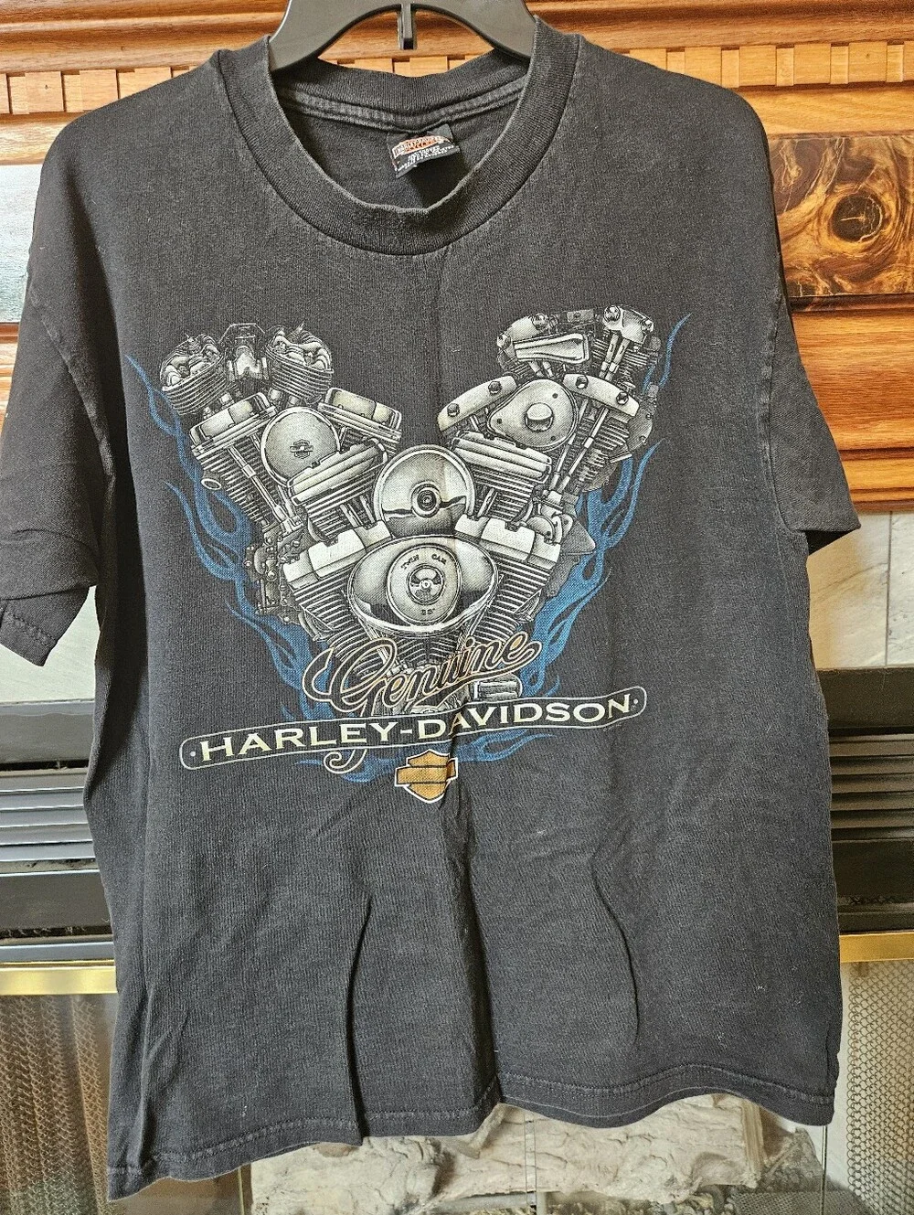 Vintage 2000 Harley-Davidson Black Tee, Blue Flame V-Twin Graphic. Large - Picture 2 of 5